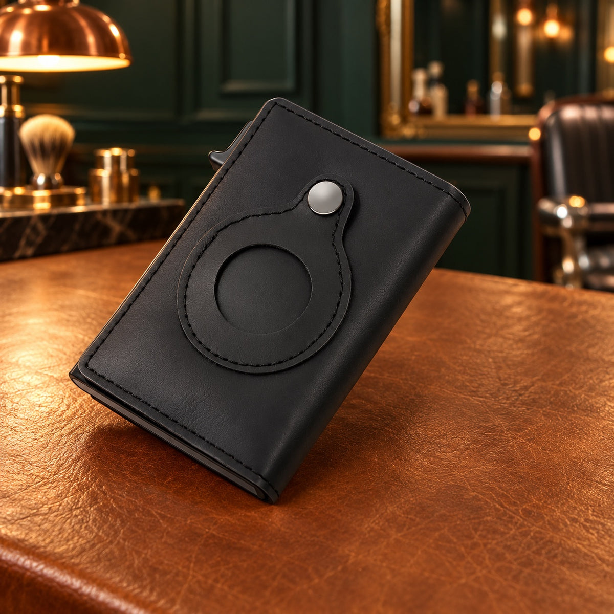 Porte-cartes automatique AirTag en cuir noir