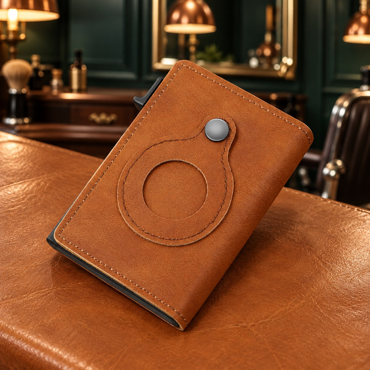 Porte-cartes automatique AirTag en cuir fauve