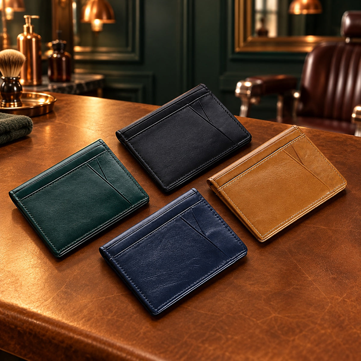 Porte-cartes slim en cuir ciré en quatre coloris sur un comptoir en cuir de barbier