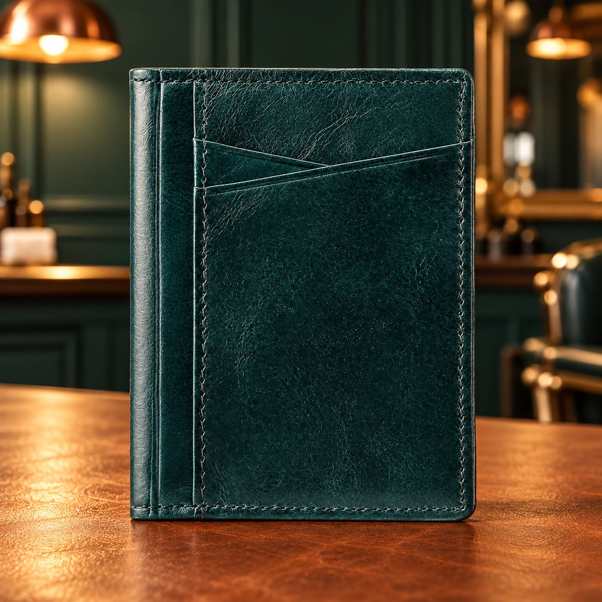 Porte-cartes slim en cuir ciré vert foncé