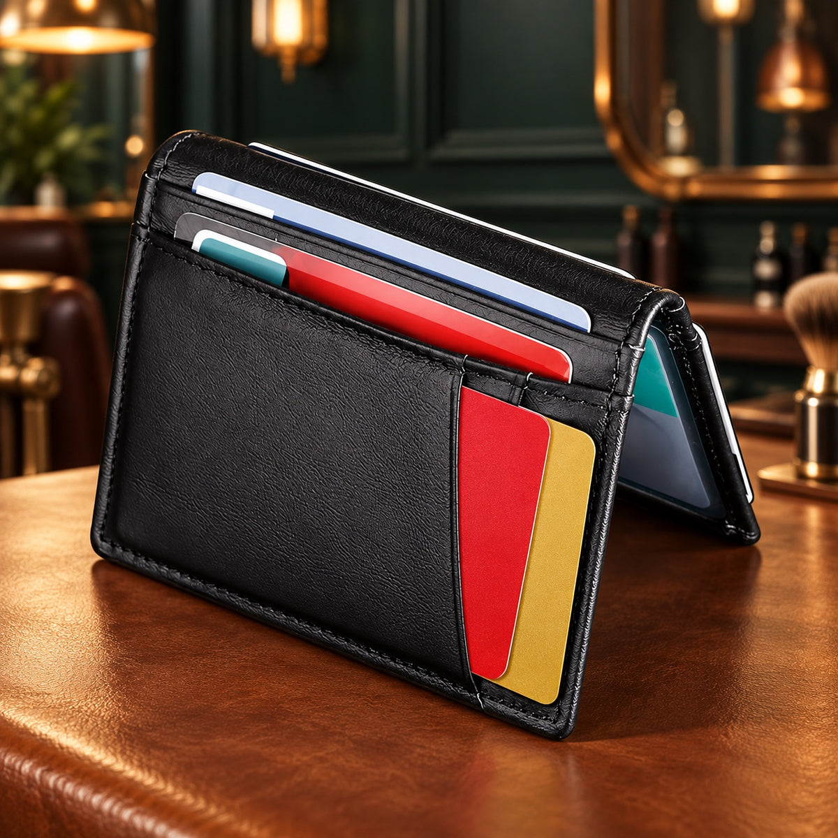 Porte-cartes slim noir ouvert avec cartes dans les fentes