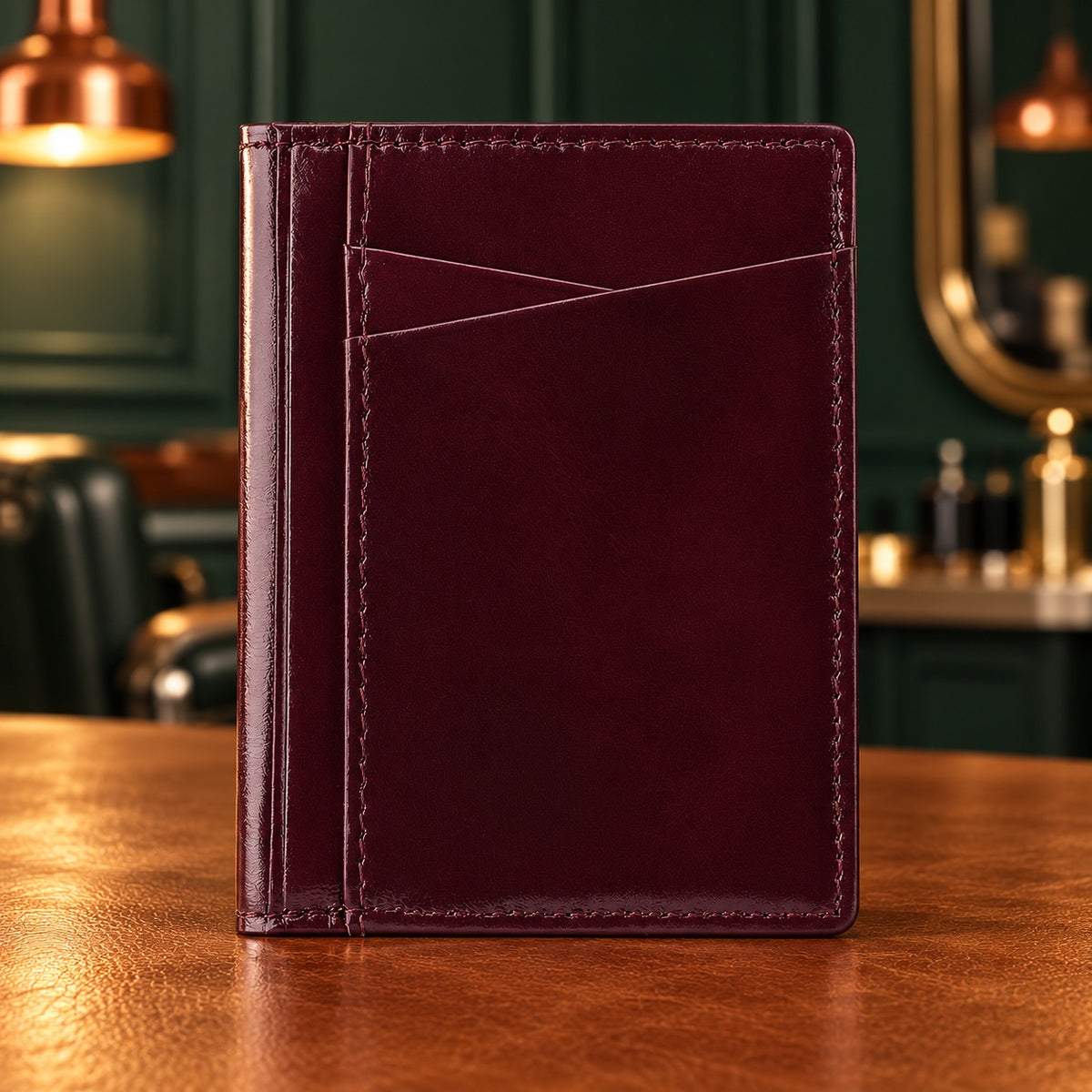 Porte-cartes slim en cuir ciré bordeaux foncé