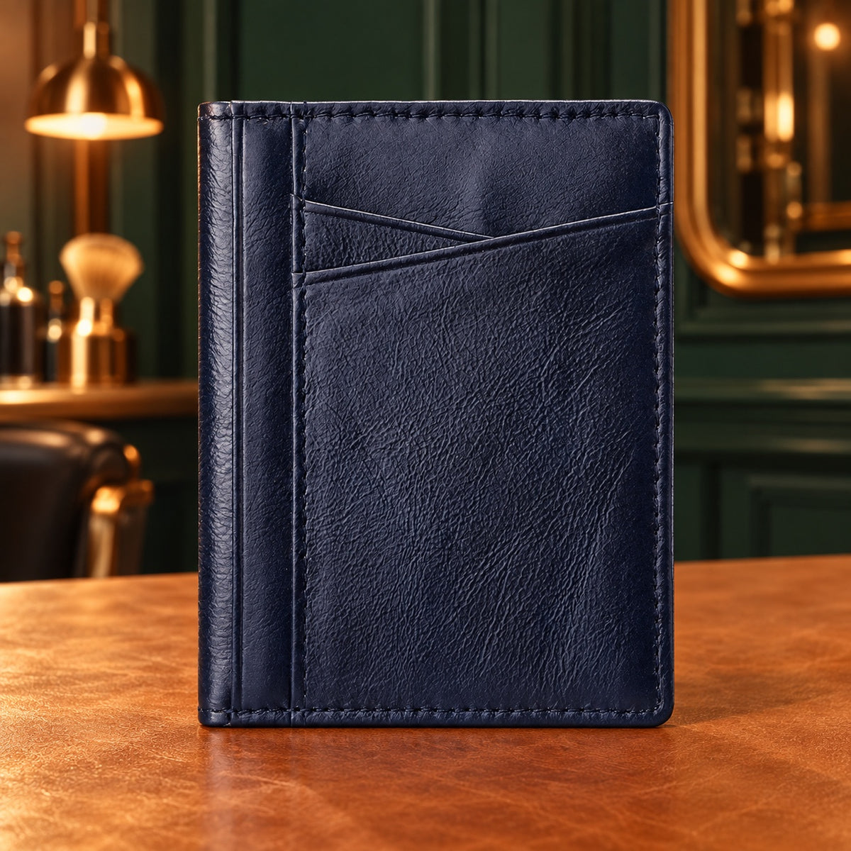 Porte-cartes slim en cuir ciré bleu foncé