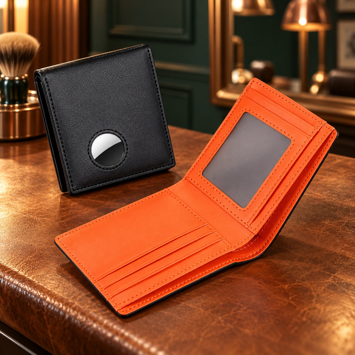 Portefeuille AirTag noir à intérieur orange, ouvert