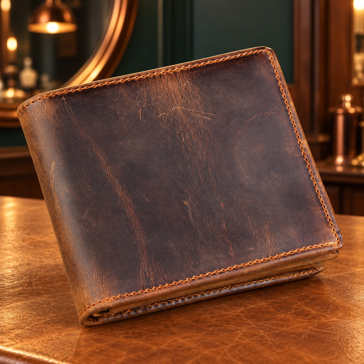 Portefeuille homme en cuir Crazy Horse marron patiné sur un comptoir en cuir de barbier
