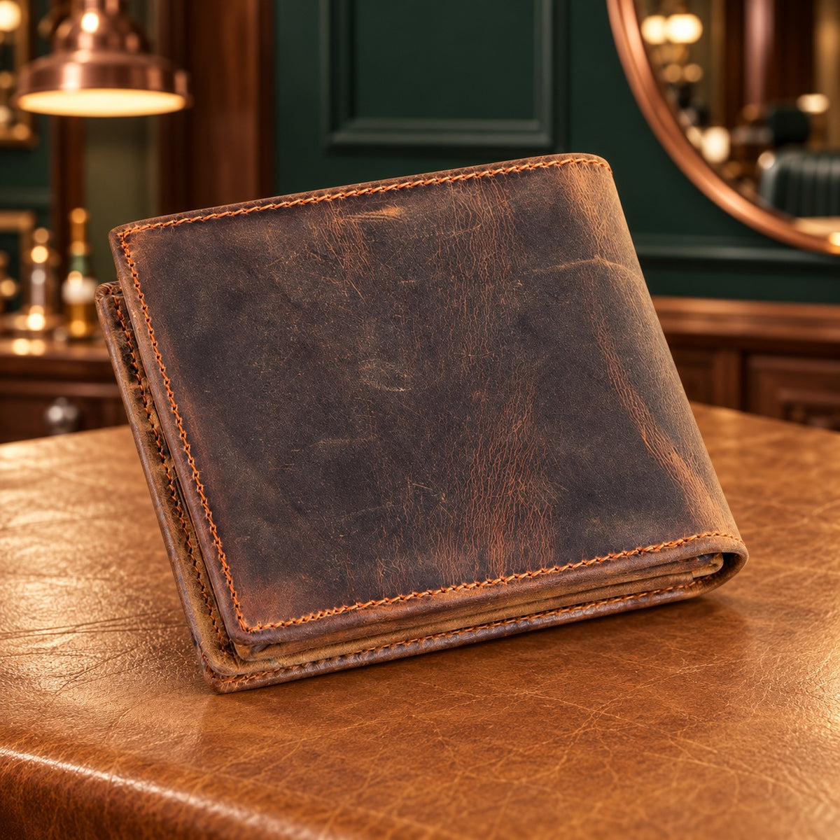 Tranche et coutures du portefeuille en cuir Crazy Horse