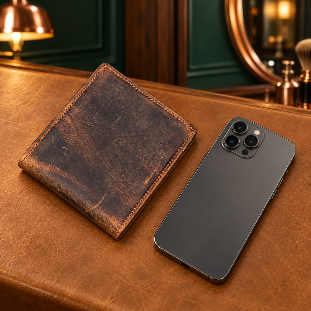 Taille du portefeuille en cuir Crazy Horse comparée à un smartphone