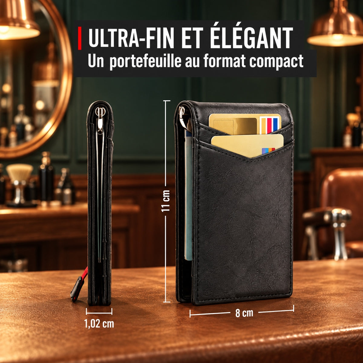 Portefeuille slim en cuir noir ultra-fin, dimensions