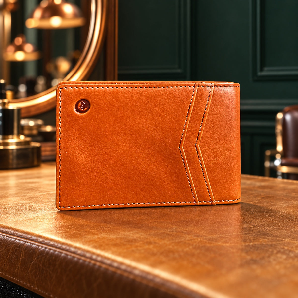 Portefeuille slim en cuir marron avec pince à billets sur un comptoir en cuir de barbier