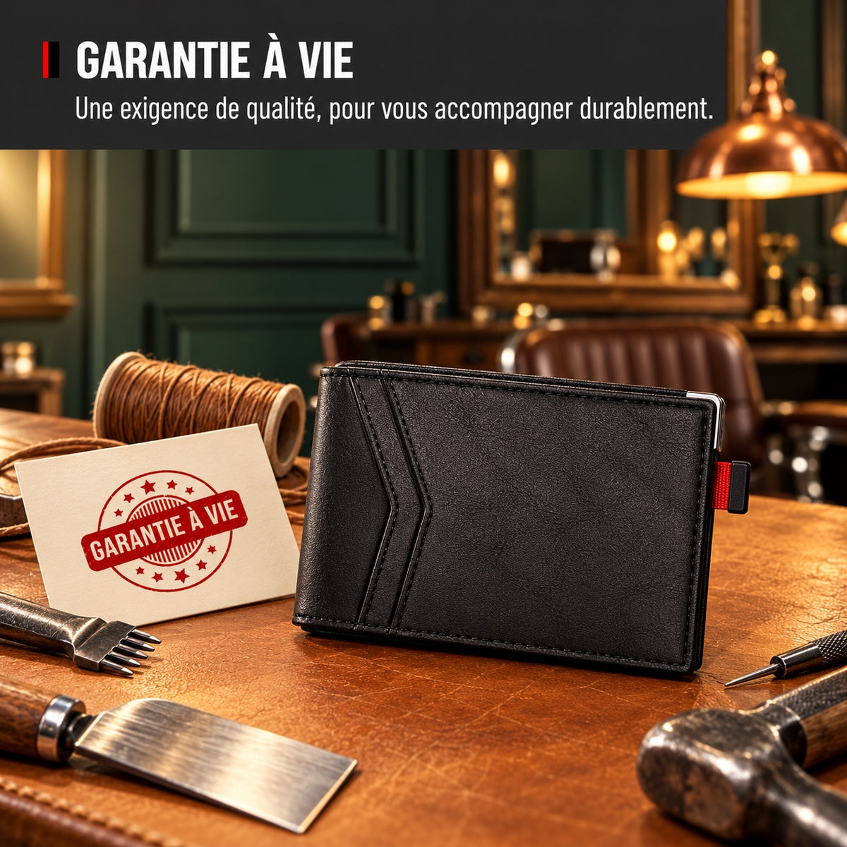 Portefeuille slim en cuir noir, finitions durables