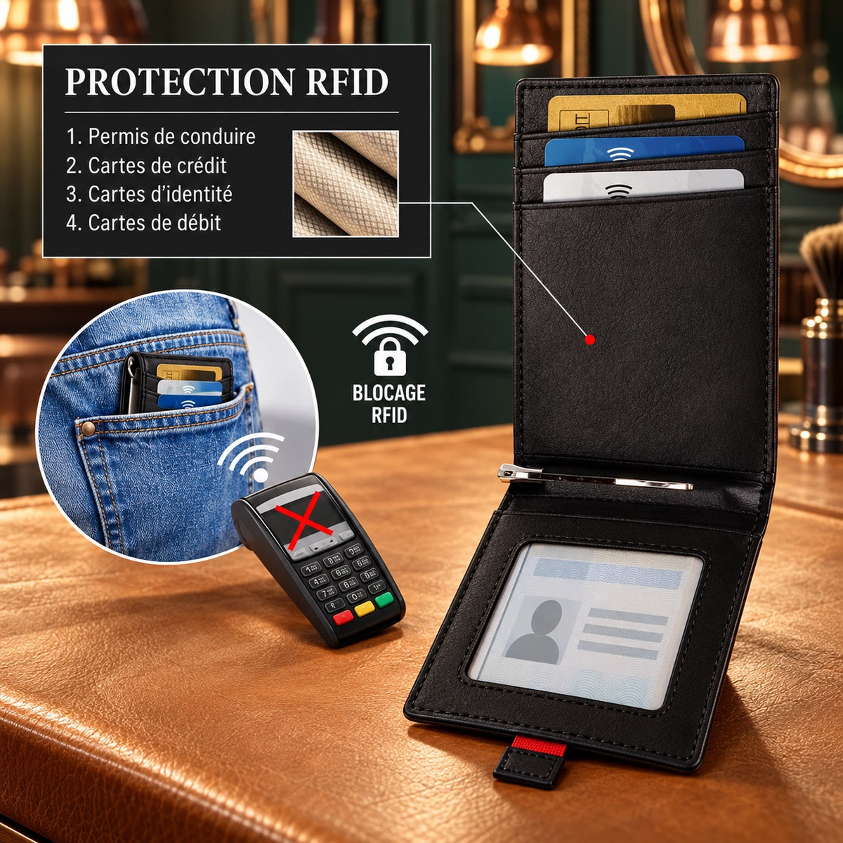 Protection RFID du portefeuille slim en cuir