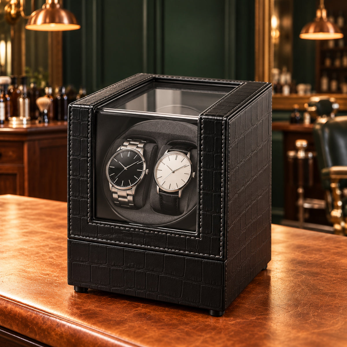 Remontoir double pour montres automatiques, cuir façon croco, vue de face – L'Art du Cadeau Homme