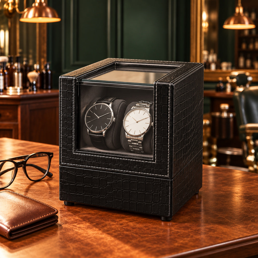 Remontoir double pour montres automatiques sur une commode, ambiance chambre – L'Art du Cadeau Homme
