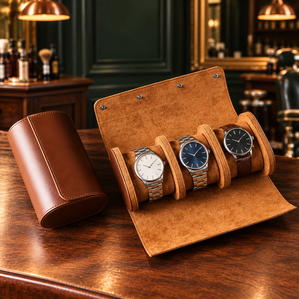 Rouleau de voyage pour 3 montres, cuir souple camel ouvert avec 3 montres – L'Art du Cadeau Homme