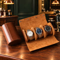 Rouleau de voyage pour 3 montres, cuir souple camel ouvert avec 3 montres – L'Art du Cadeau Homme