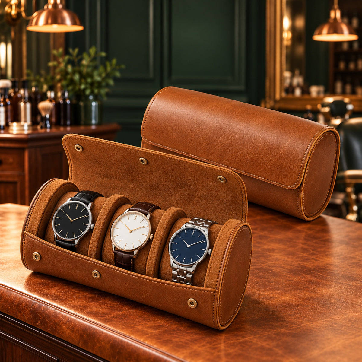 Rouleau de voyage pour 3 montres, cuir noir ouvert – L'Art du Cadeau Homme