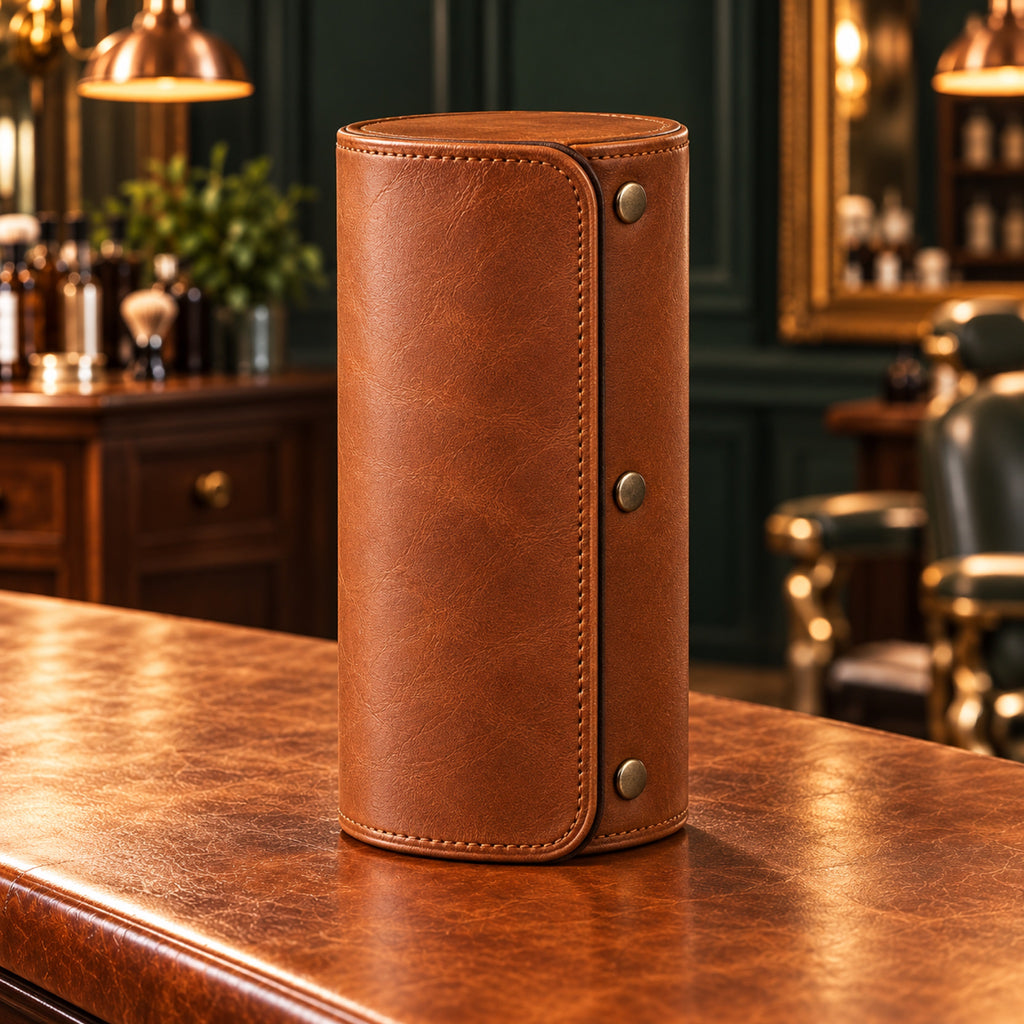 Rouleau de voyage pour 3 montres, cuir camel fermé sur un comptoir – L'Art du Cadeau Homme