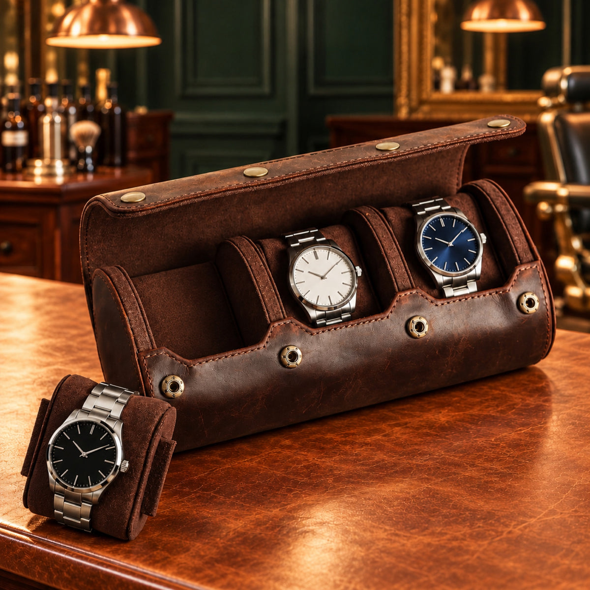 Rouleau de voyage en cuir véritable vintage, ouvert avec 3 montres – L'Art du Cadeau Homme