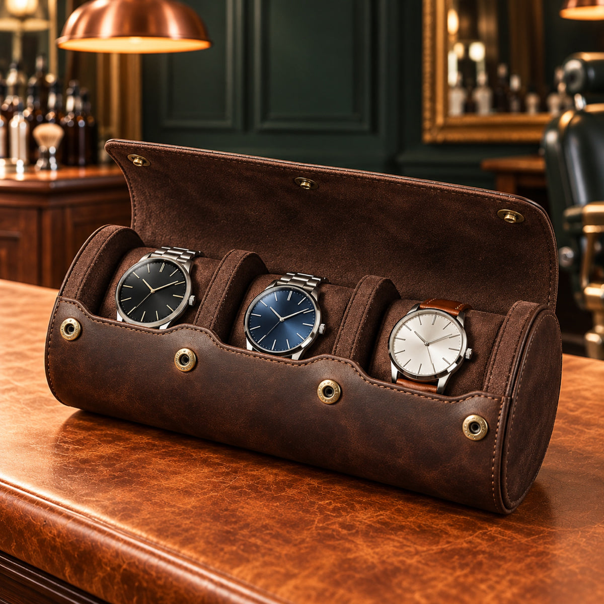 Rouleau de voyage en cuir véritable vintage, détail du grain du cuir – L'Art du Cadeau Homme