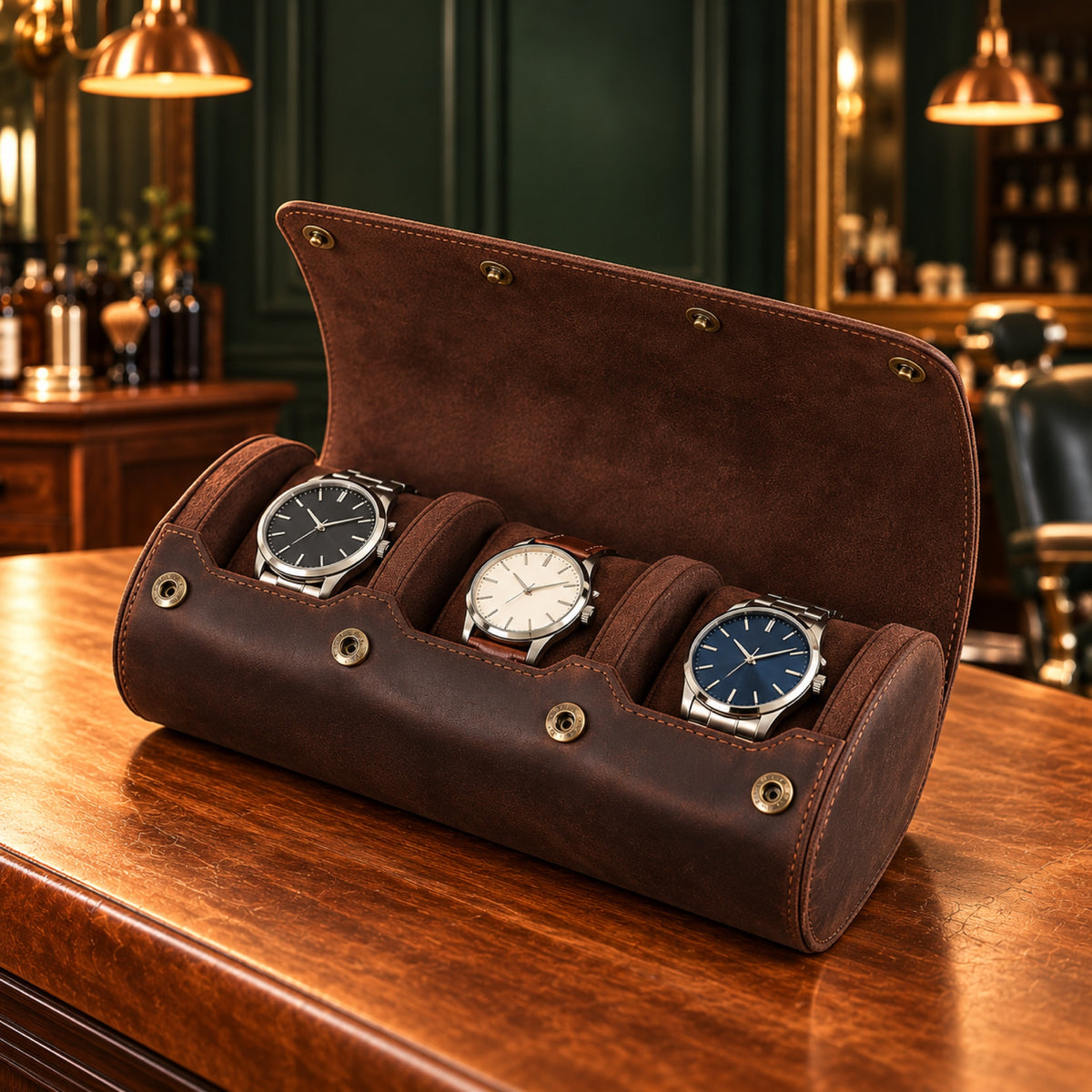 Rouleau de voyage en cuir véritable vintage, boutons-pression laiton – L'Art du Cadeau Homme