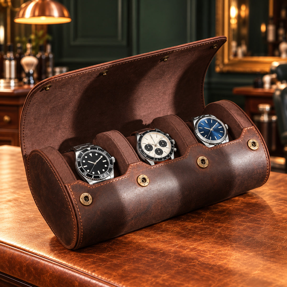 Rouleau de voyage en cuir véritable vintage, vue de dessus – L'Art du Cadeau Homme
