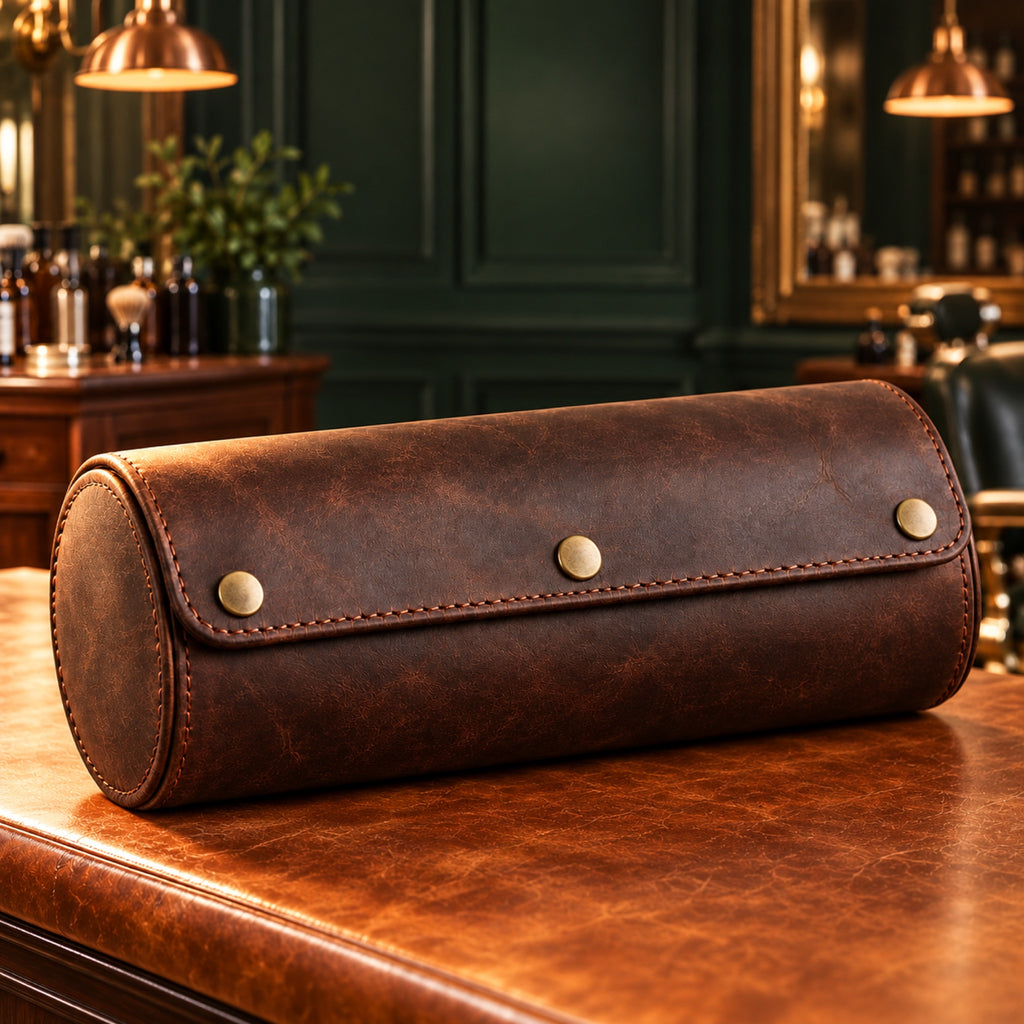 Rouleau de voyage en cuir véritable vintage sur un comptoir, ambiance – L'Art du Cadeau Homme