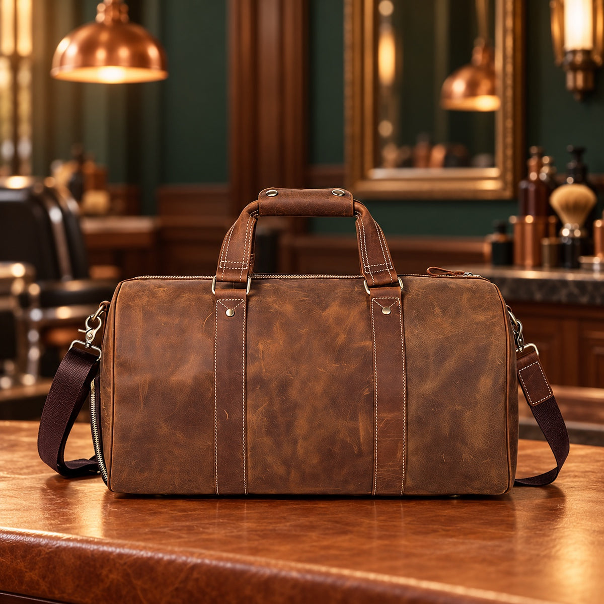 Sac de voyage vintage en cuir Crazy Horse 35 L sur un comptoir en cuir de barbier