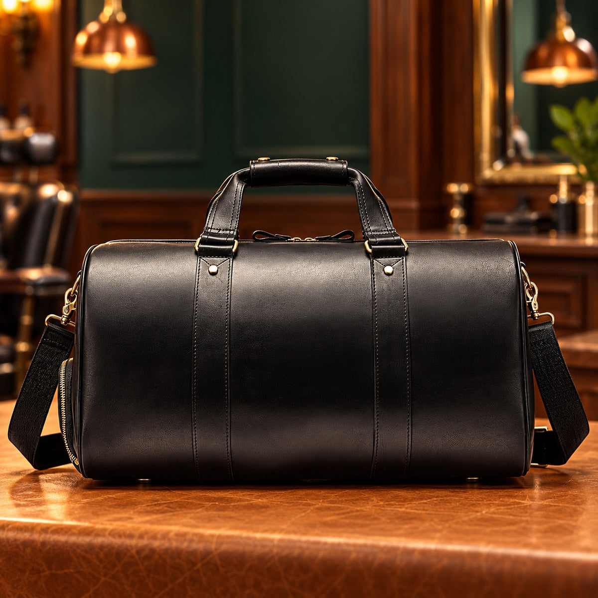 Sac de voyage 35 L en cuir noir avec bandoulière