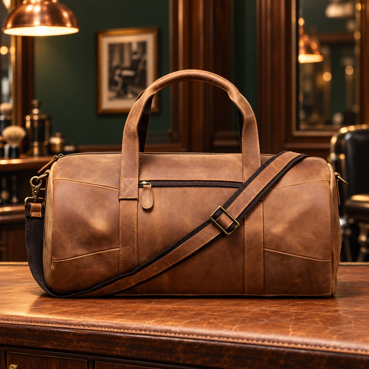 Sac de voyage week-end 48 h en cuir pleine fleur marron vintage sur un comptoir en cuir de barbier