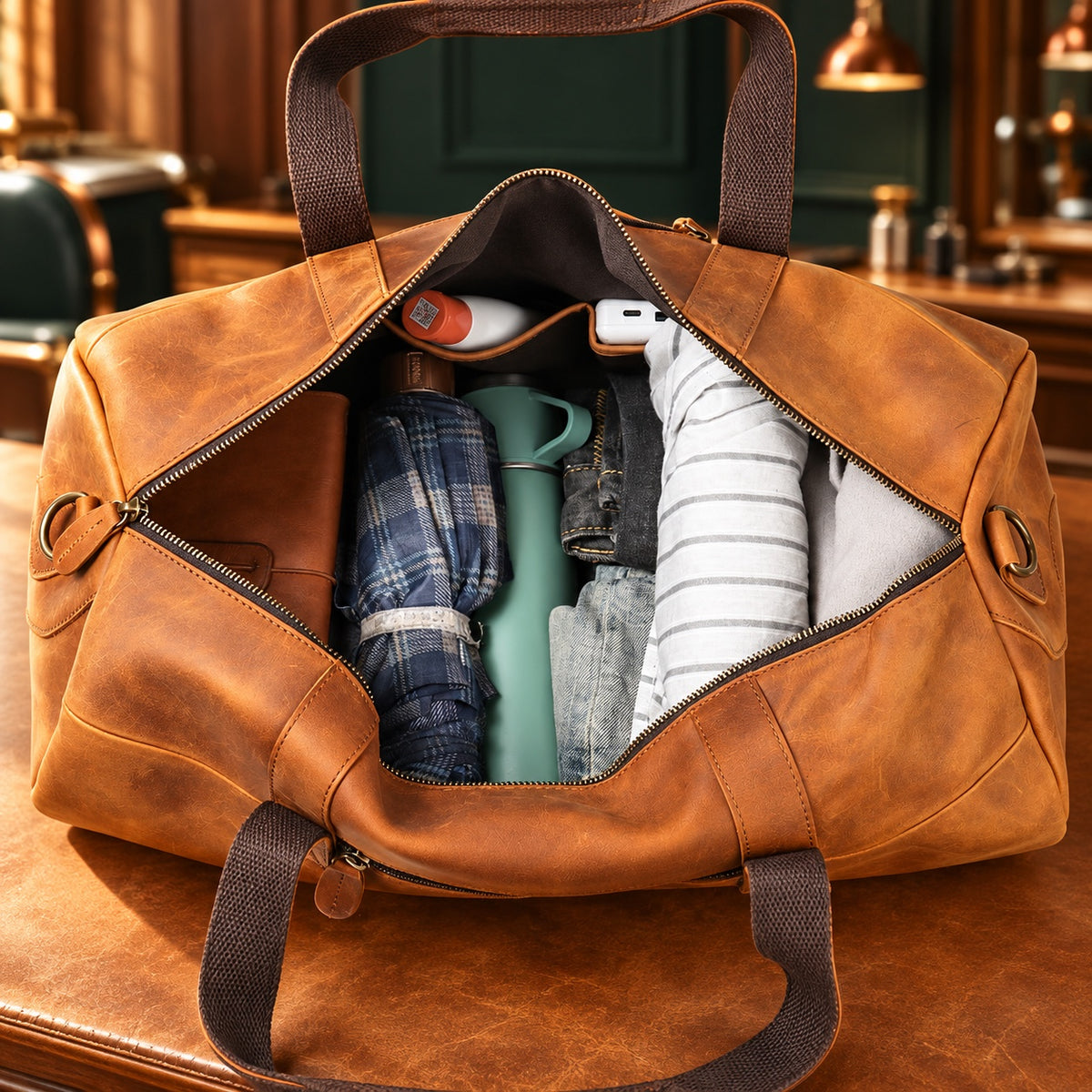 Intérieur spacieux du sac de voyage 48 h en cuir