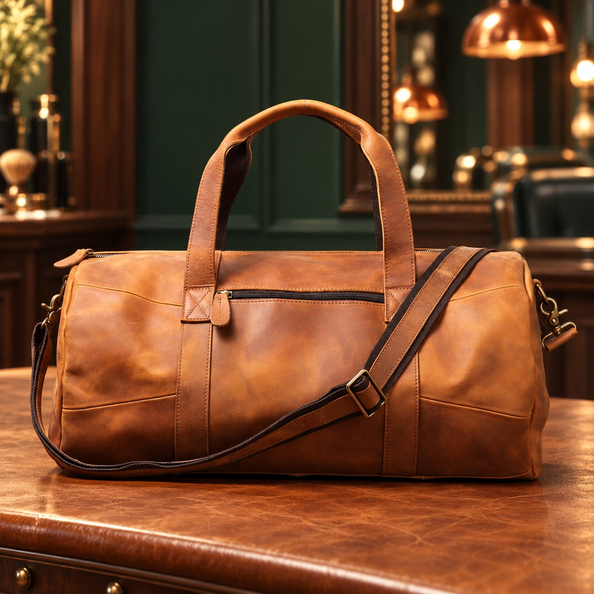 Sac de voyage 48 h en cuir avec bandoulière, vue de trois quarts