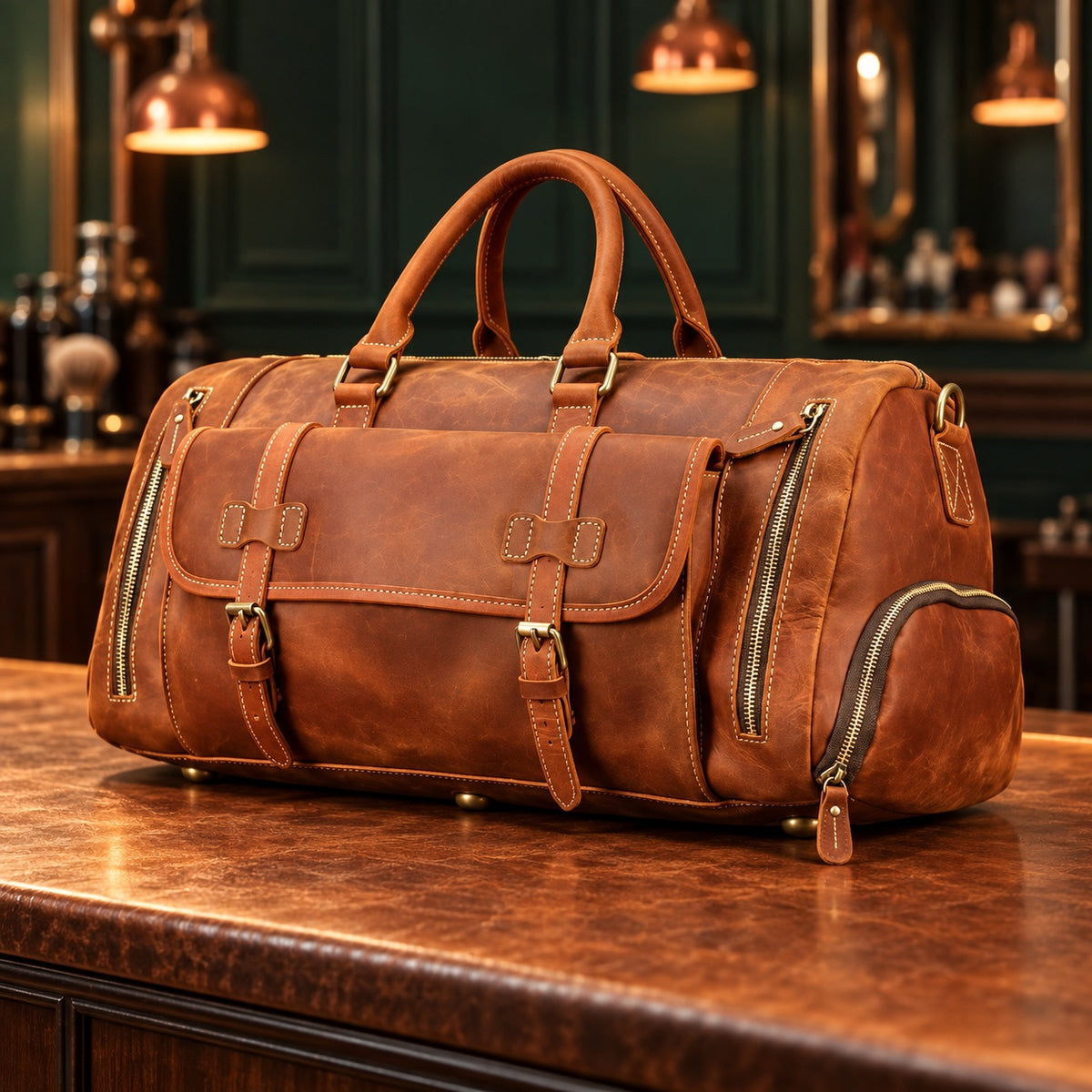 Sac de voyage rétro en cuir, poches zippées latérales