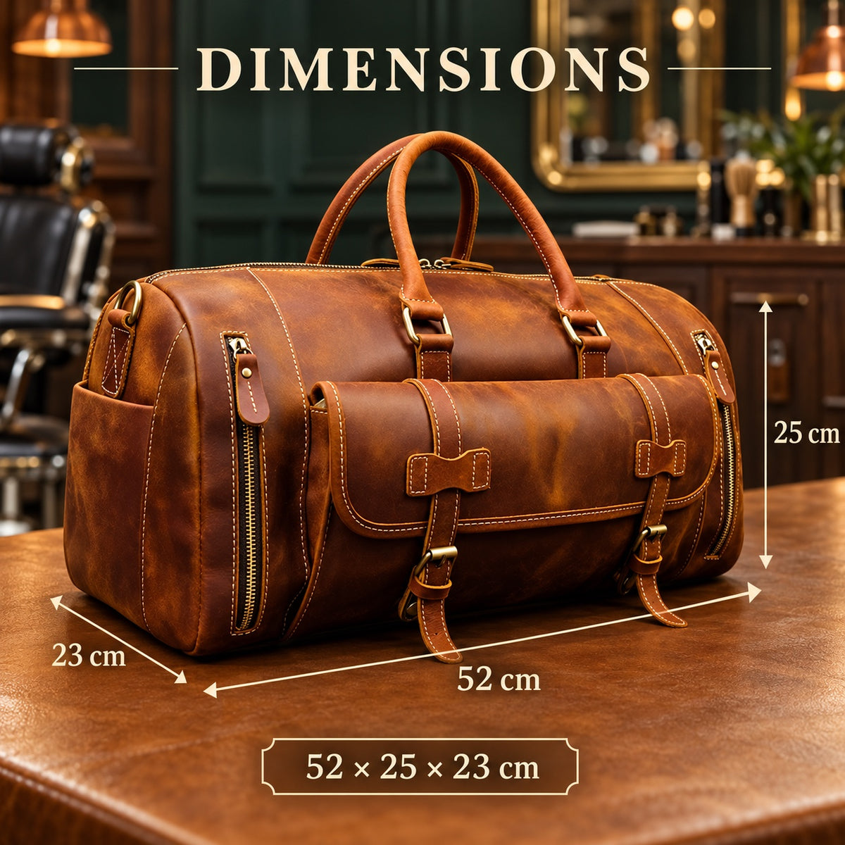 Dimensions du sac de voyage rétro en cuir : 52 × 25 × 23 cm