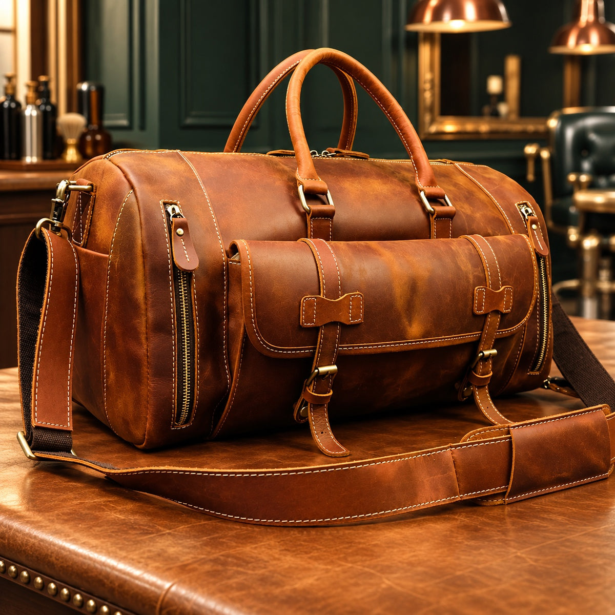 Sac de voyage rétro en cuir avec bandoulière