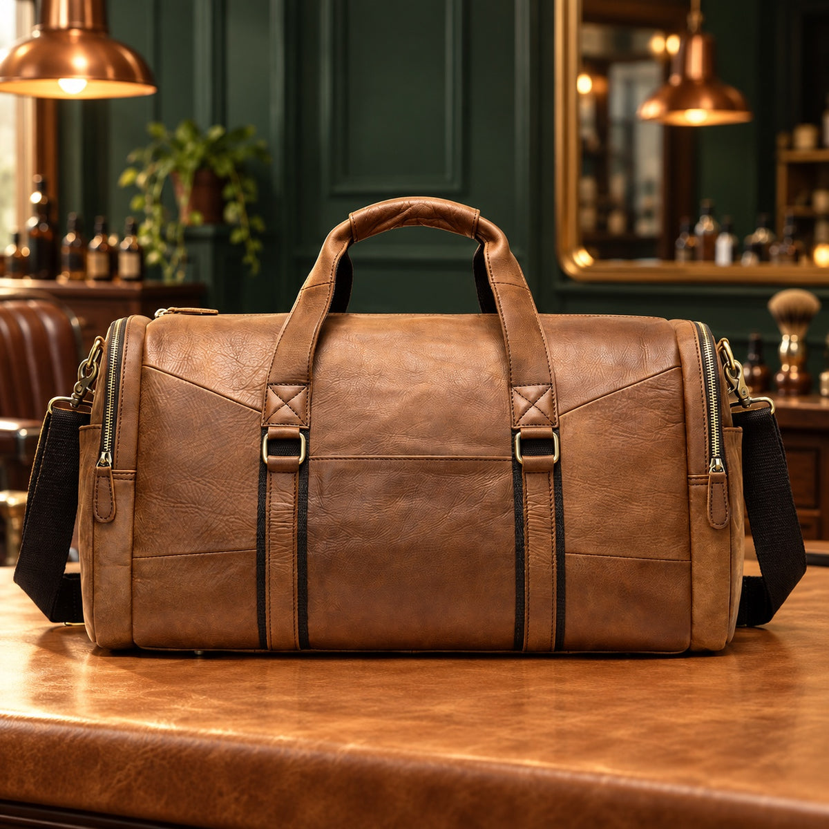 Sac week-end souple en cuir pleine fleur marron sur un comptoir en cuir de barbier