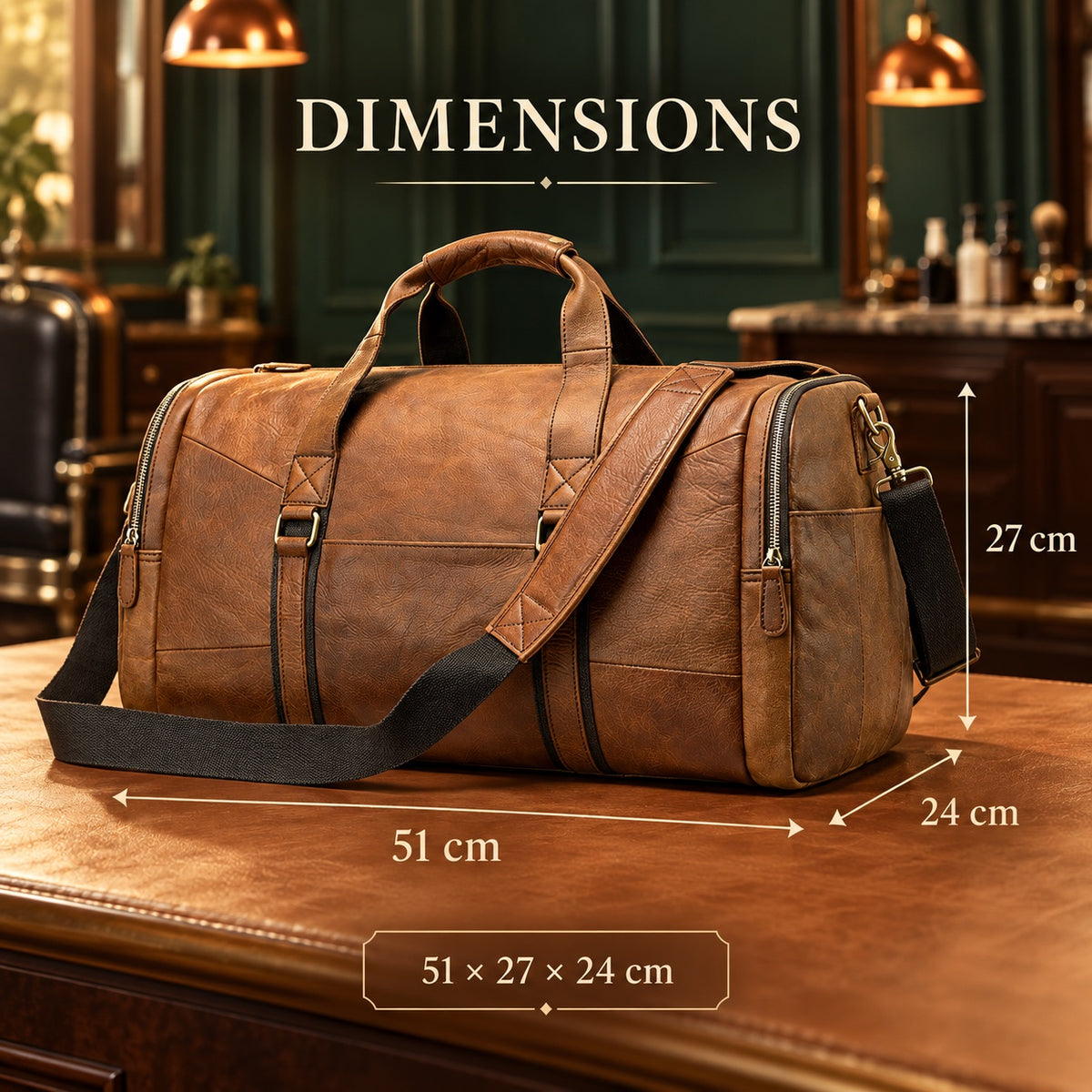 Dimensions du sac week-end en cuir : 51 × 27 × 24 cm
