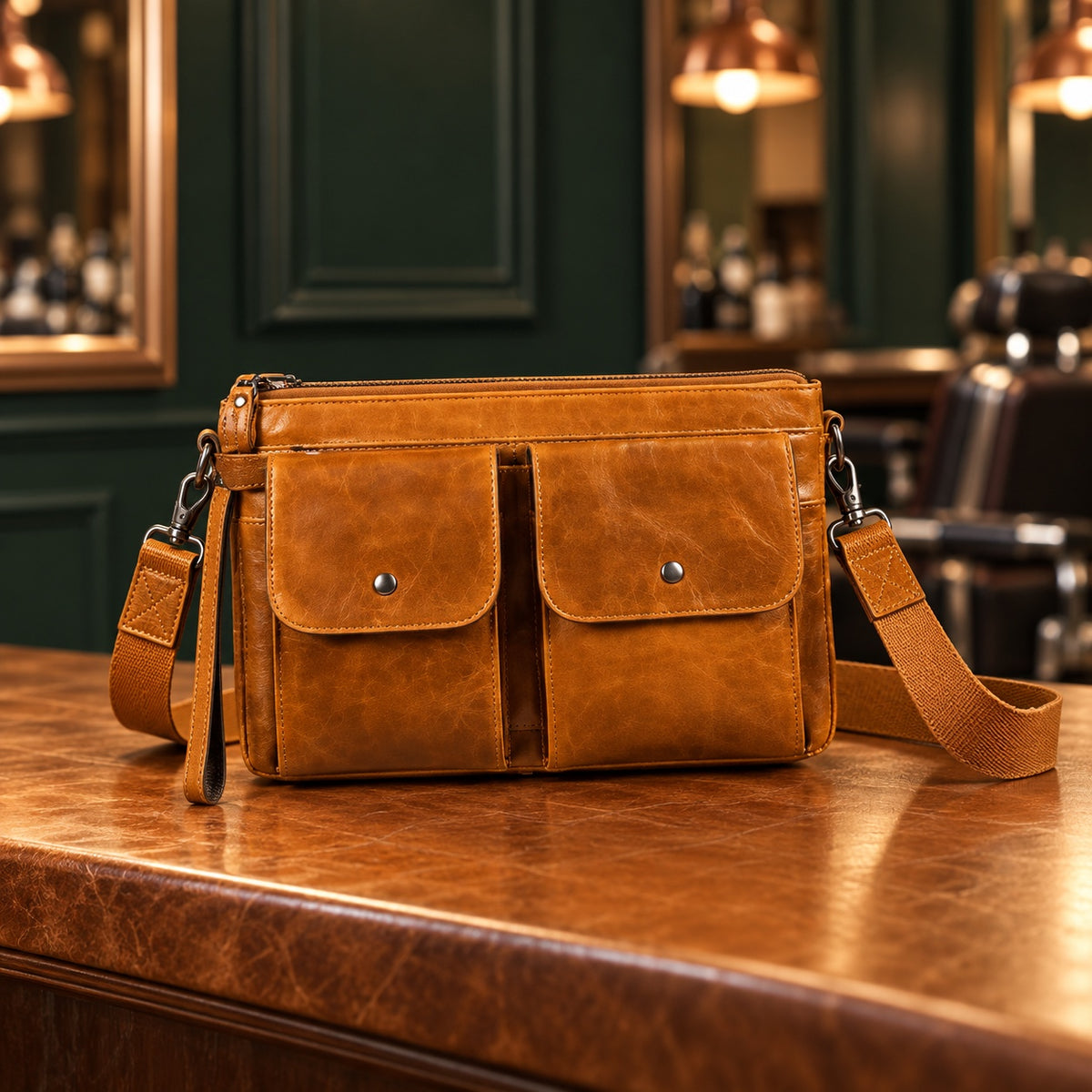 Sacoche bandoulière en cuir cognac à double poche sur un comptoir en cuir de barbier