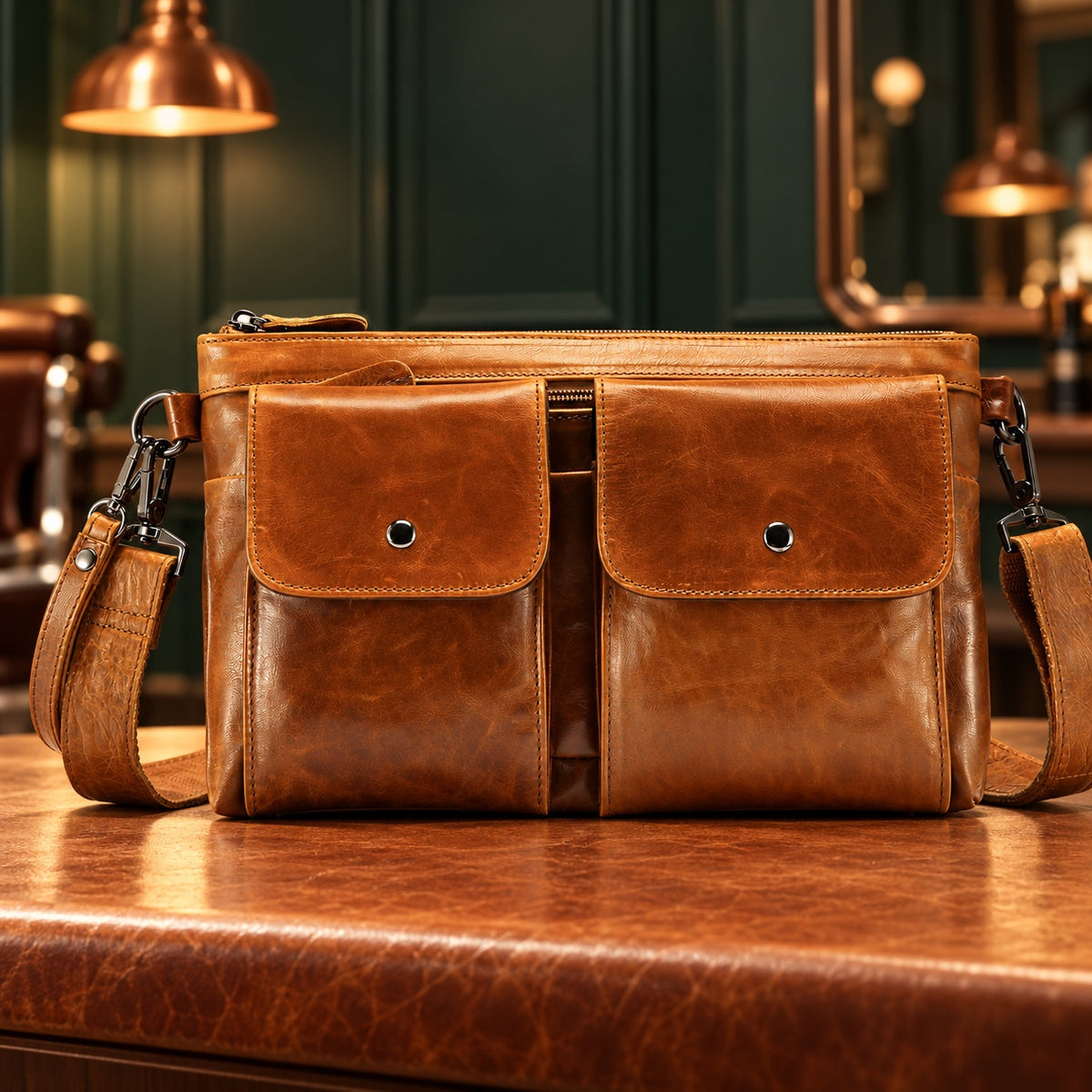 Sacoche bandoulière en cuir cognac, vue de face