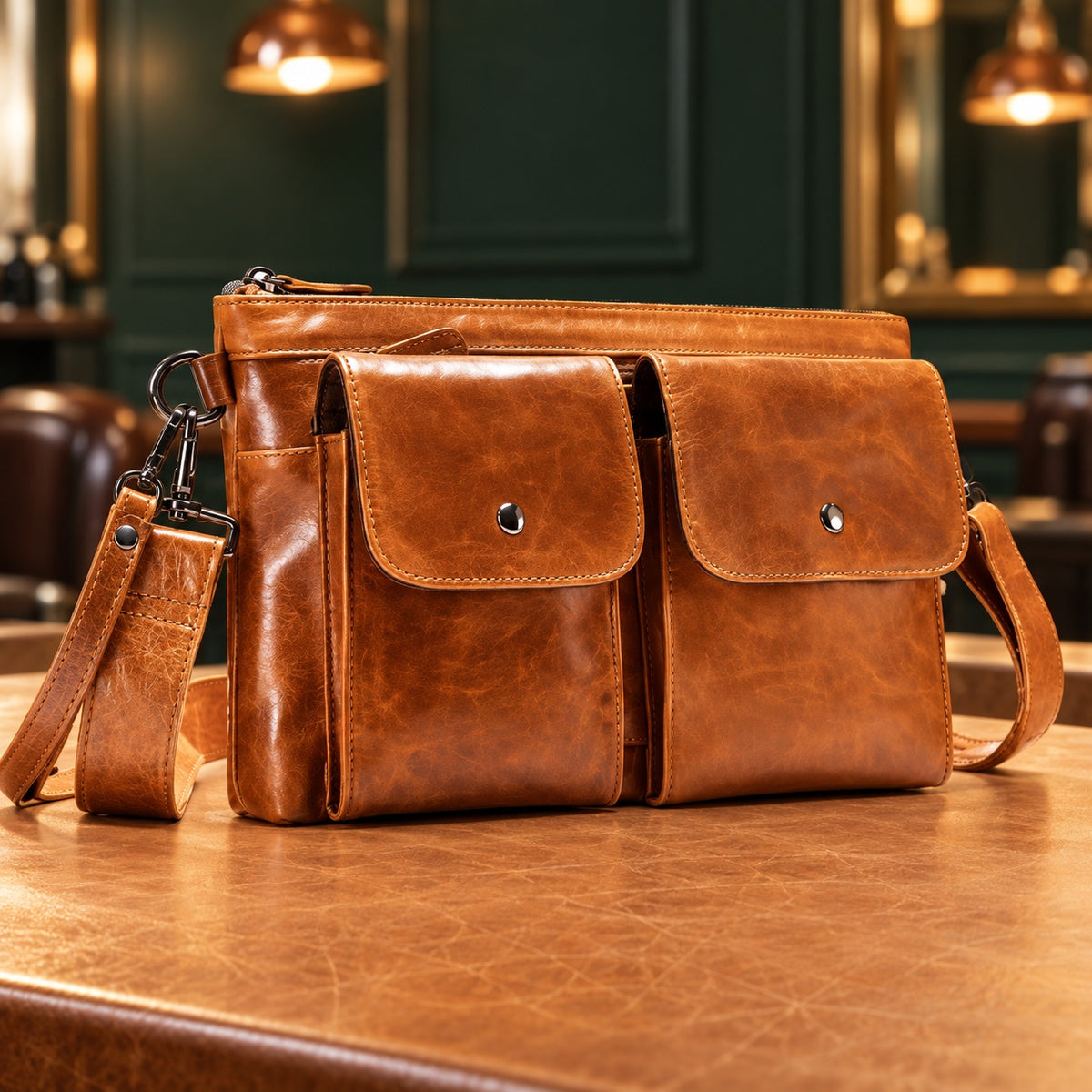 Sacoche en cuir à double poche avant, vue de trois quarts