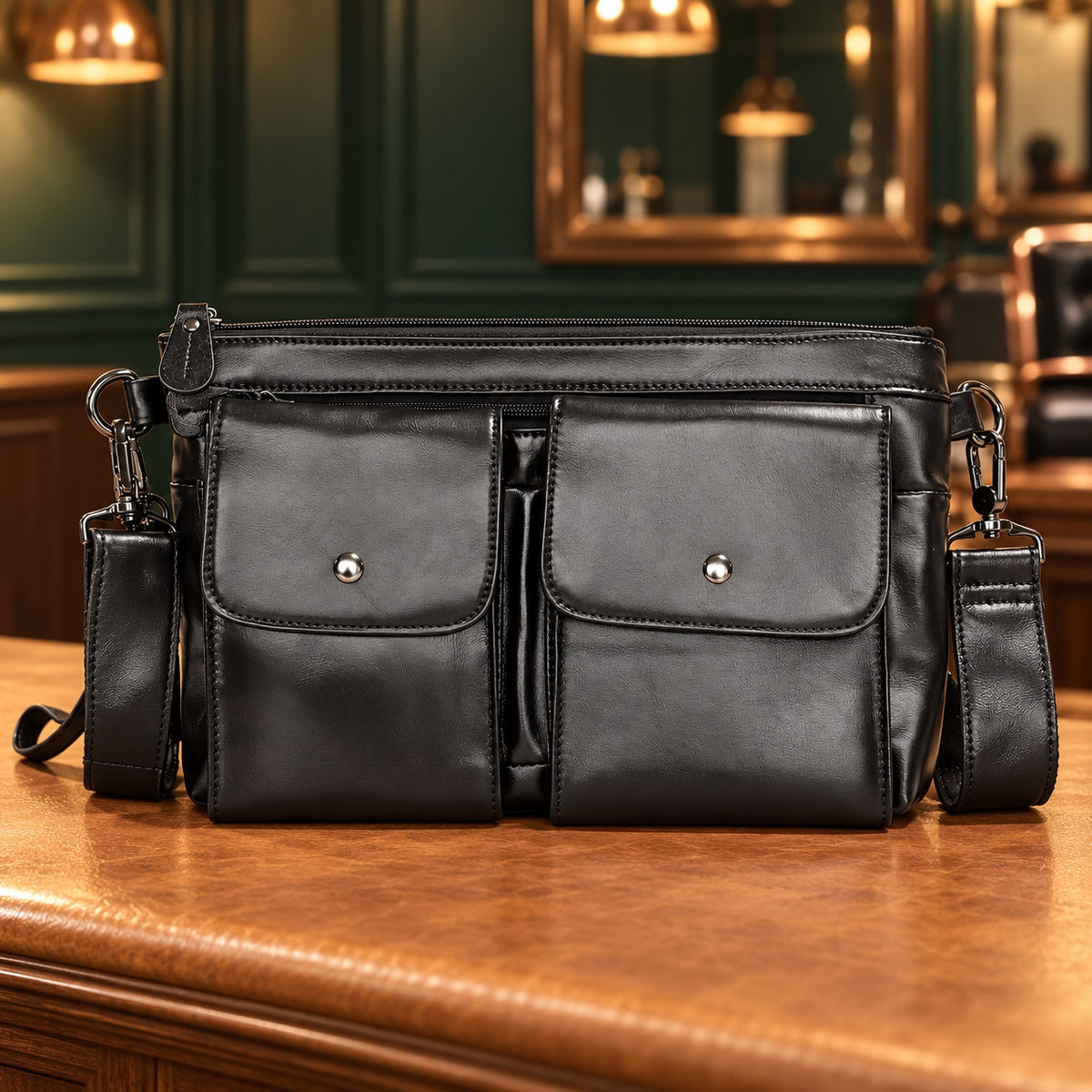 Sacoche bandoulière en cuir noir à double poche