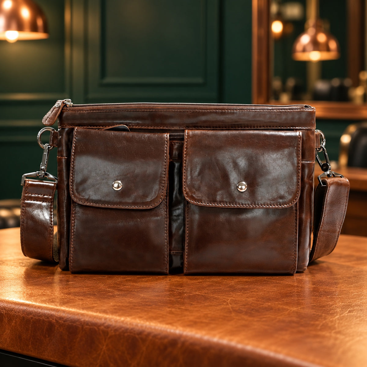 Sacoche bandoulière en cuir marron foncé à double poche